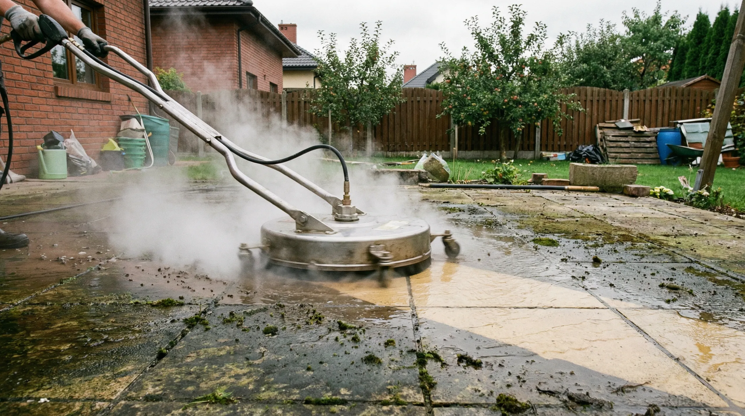 Mycie kostki brukowej profesjonalną myjką ciśnieniową usuwającą mech z tarasu
