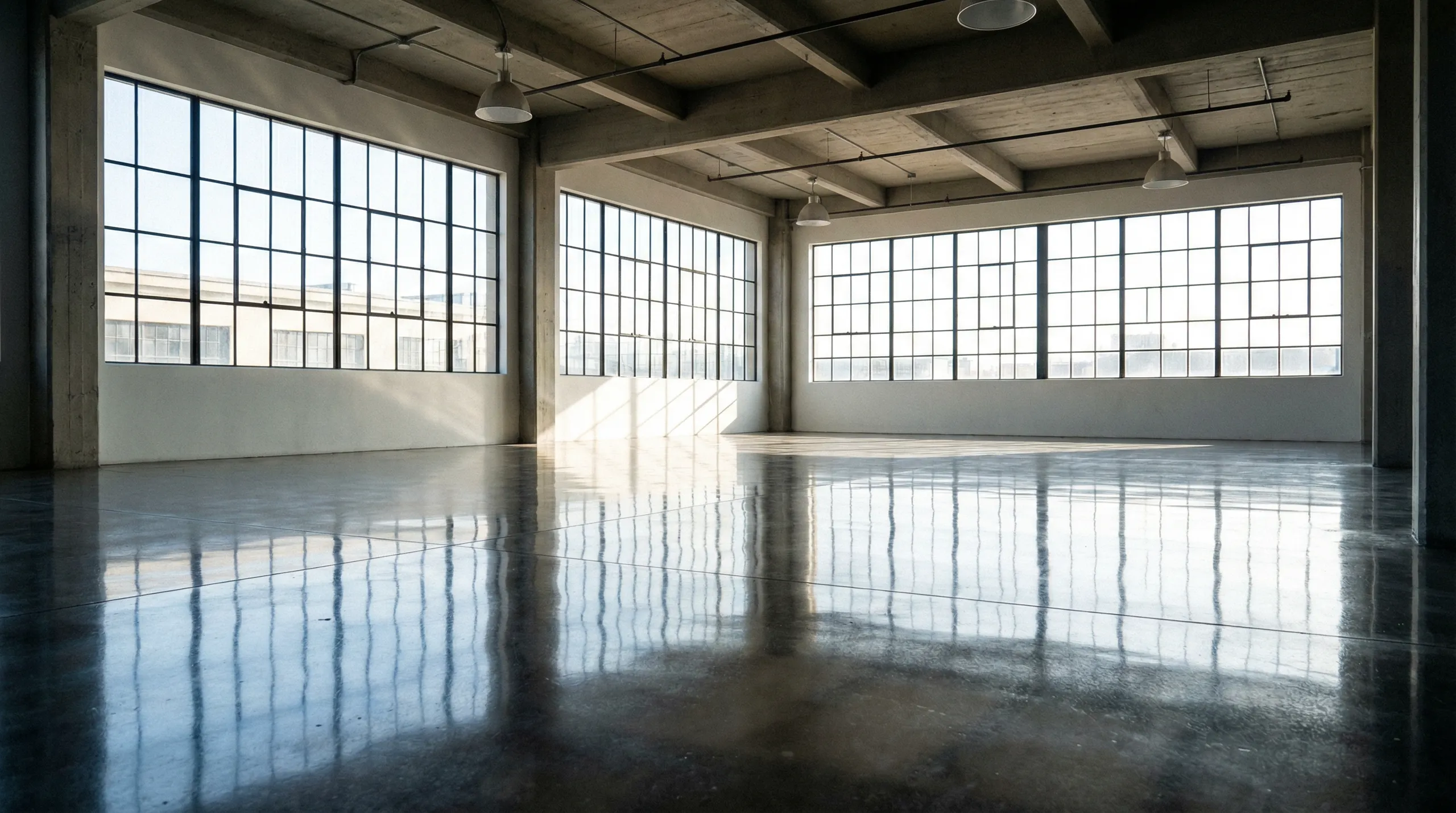 Przestronna hala z lśniącą czystą podłogą po myciu podłogi