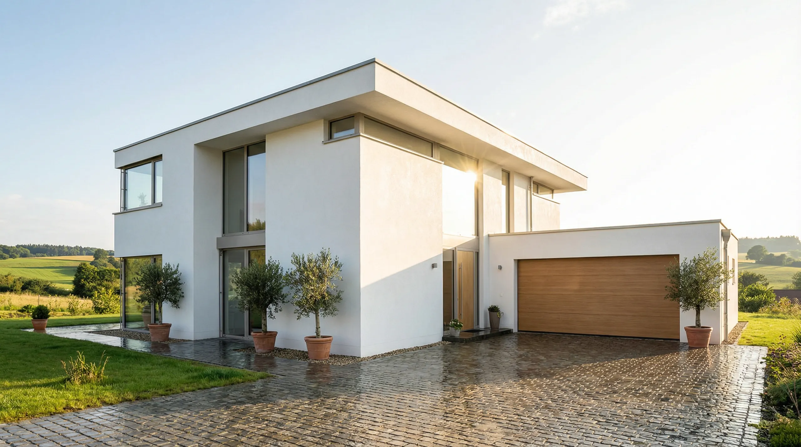 Mycie kostki brukowej przed nowoczesnym budynkiem mieszkalnym z donicami i trawnikiem