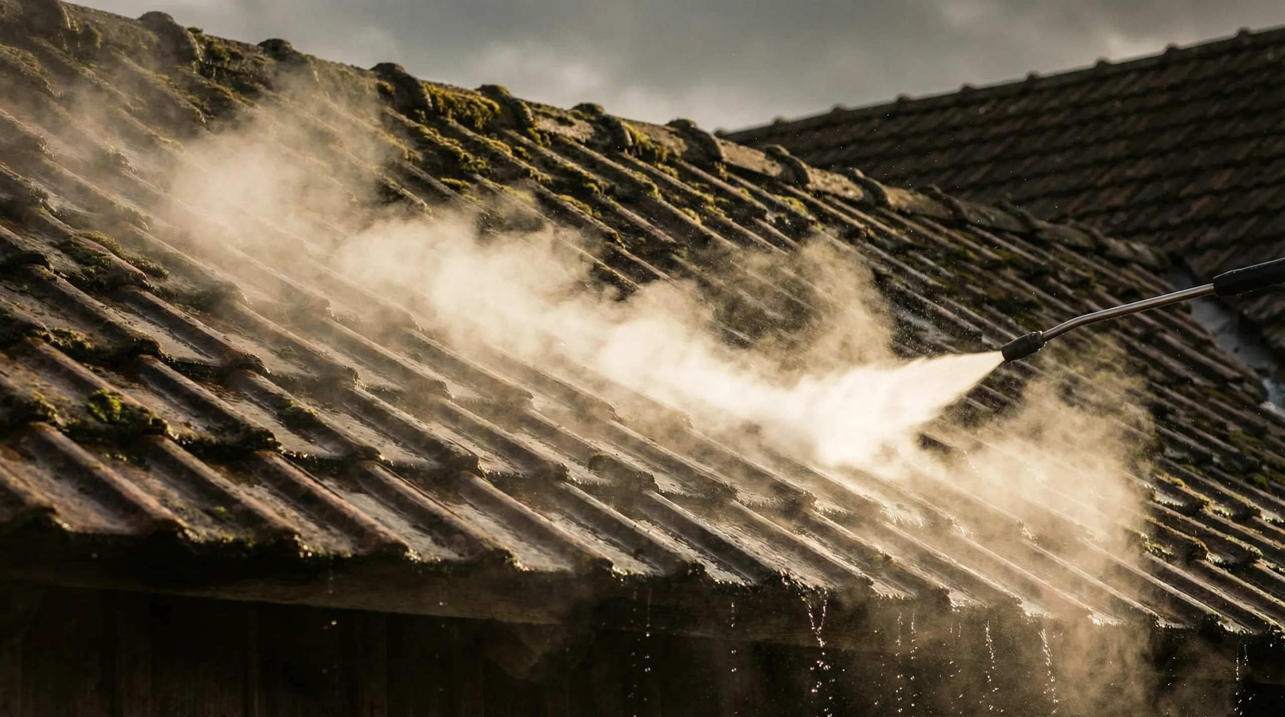 Mycie dachów przy użyciu ciśnieniowej dyszy usuwa mech i zanieczyszczenia z dachówek