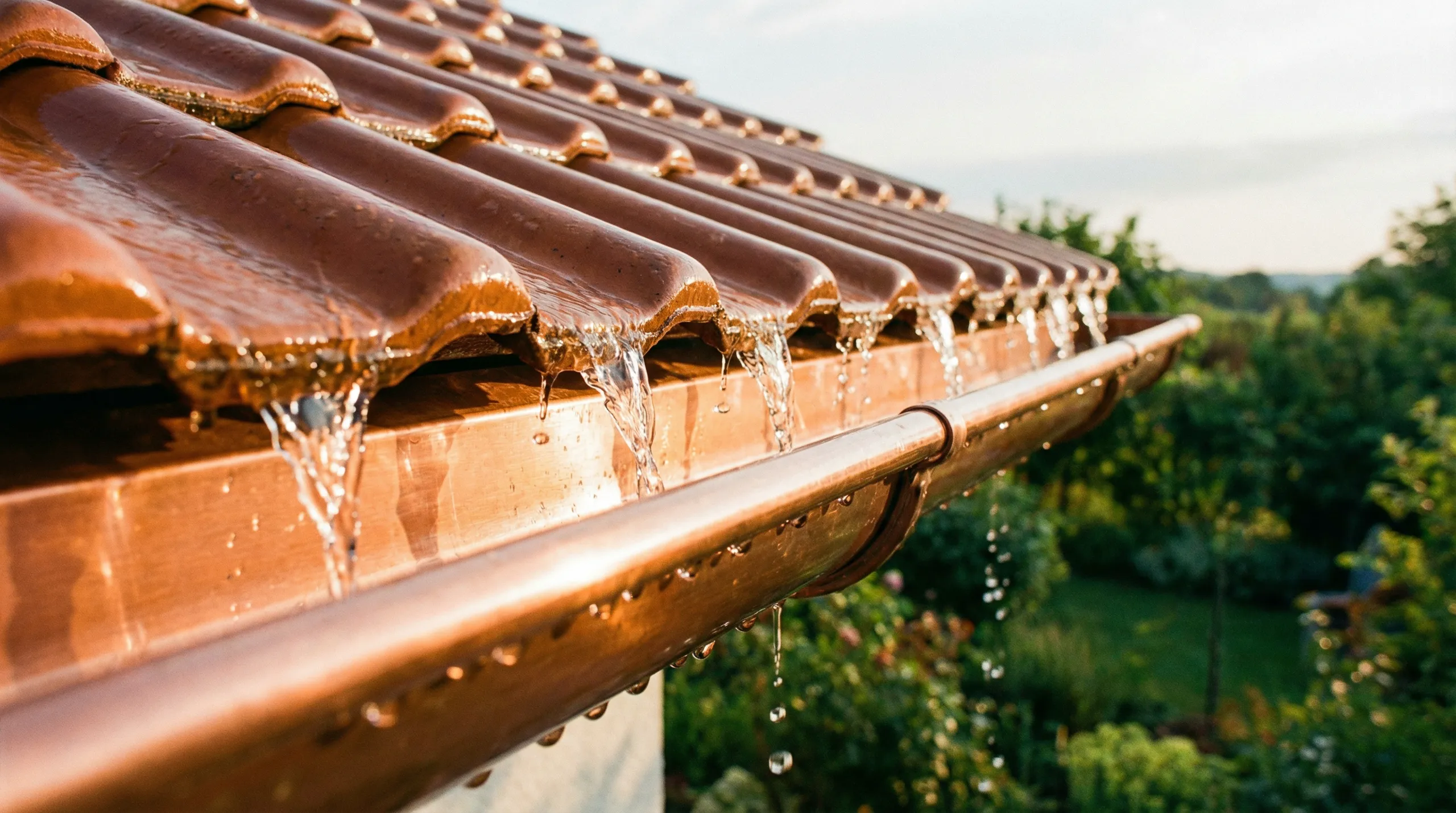 Mycie dachów – spływająca woda z ceramicznych dachówek do miedzianej rynny