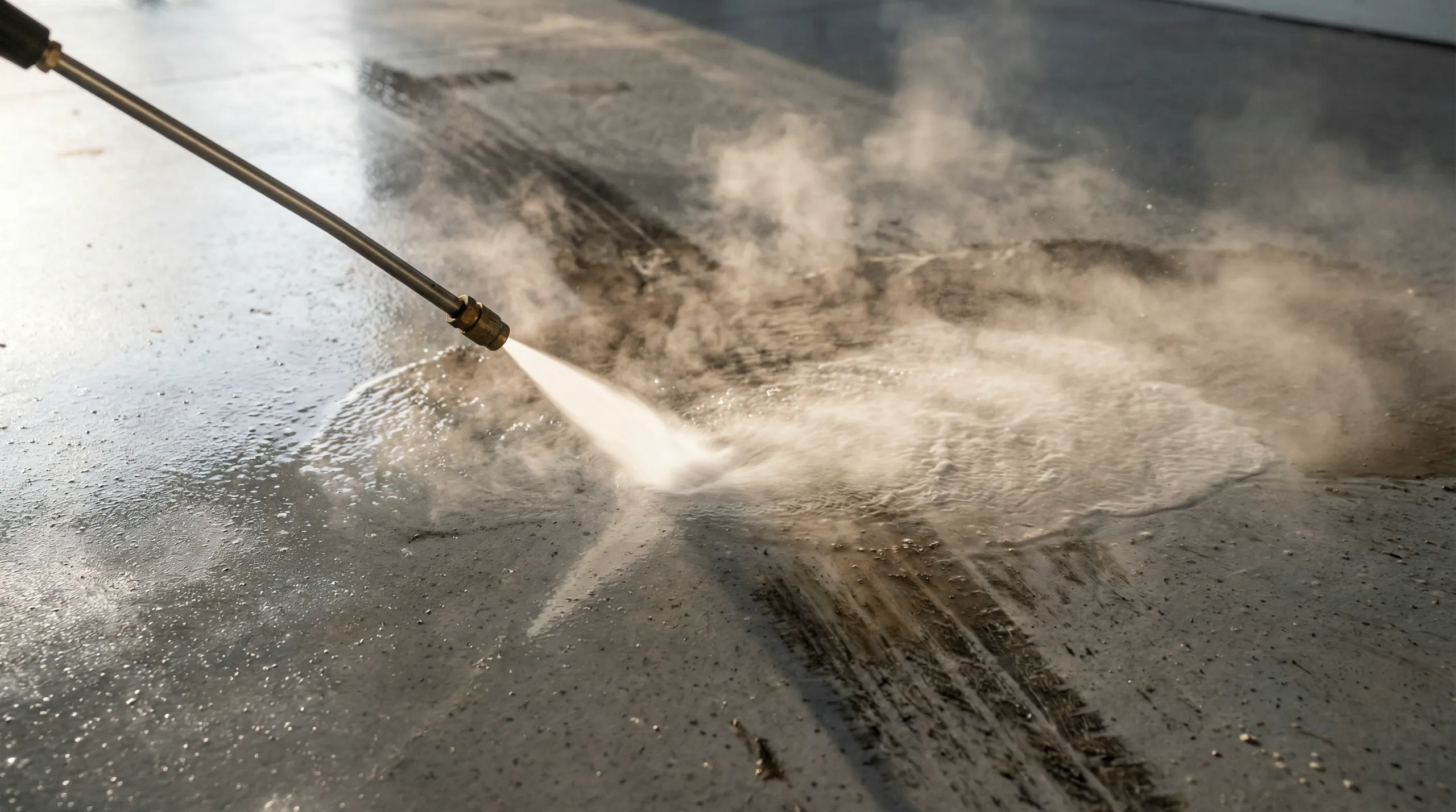 Mycie ciśnieniowe betonowej posadzki strumieniem wody z myjki