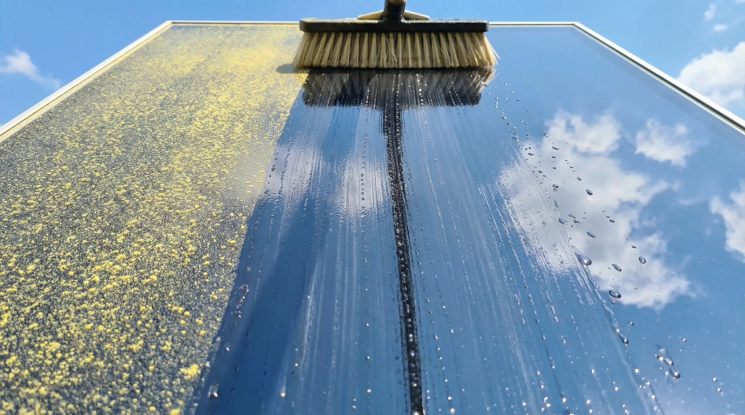 Mycie paneli fotowoltaicznych dużą szczotką usuwającą żółty pył i wodę z powierzchni szkła