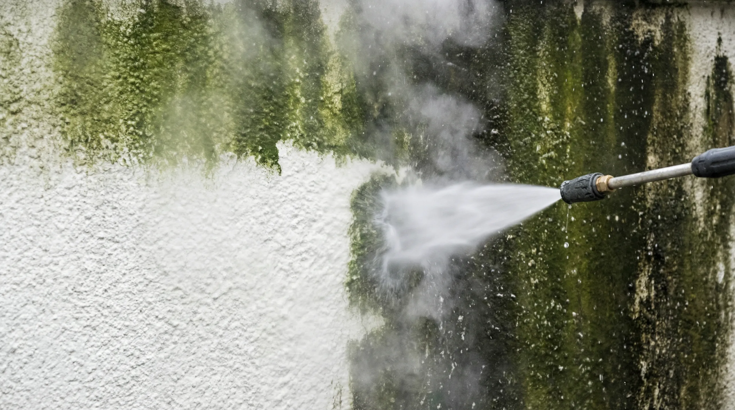 Mycie elewacji – strumień wody pod ciśnieniem usuwa zielony mech z tynkowanego muru