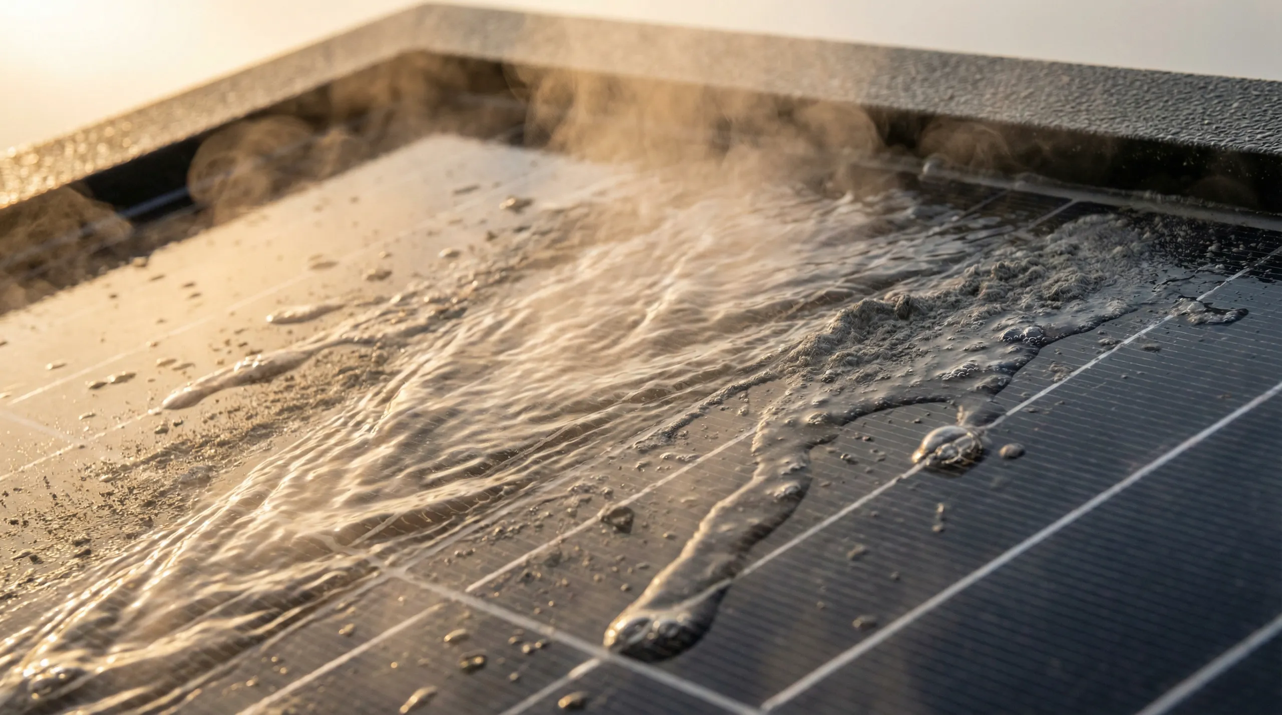 Parująca woda spływająca po powierzchni panelu fotowoltaicznego podczas mycia ciśnieniowego