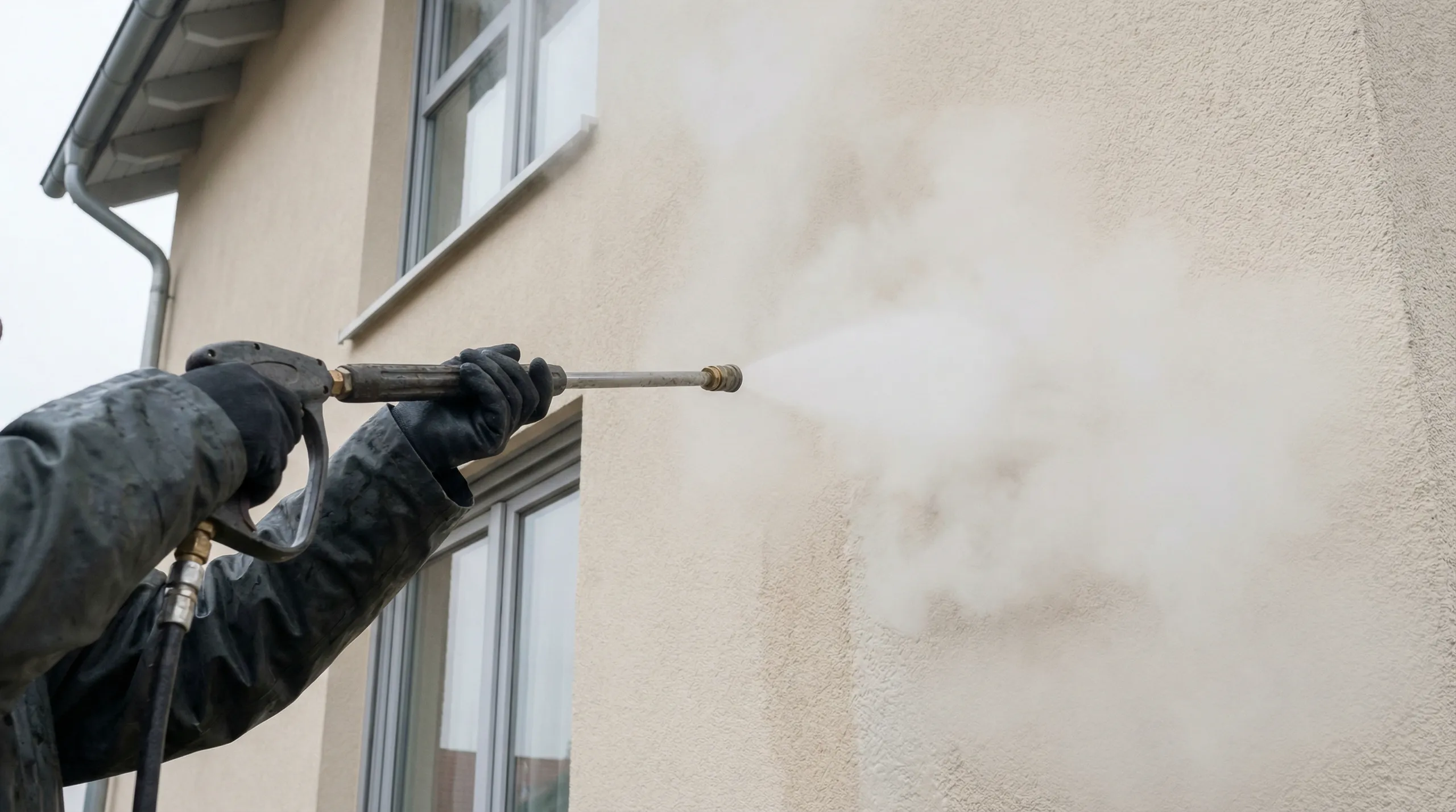 Mycie elewacji nowoczesnego budynku myjką ciśnieniową usuwające zabrudzenia