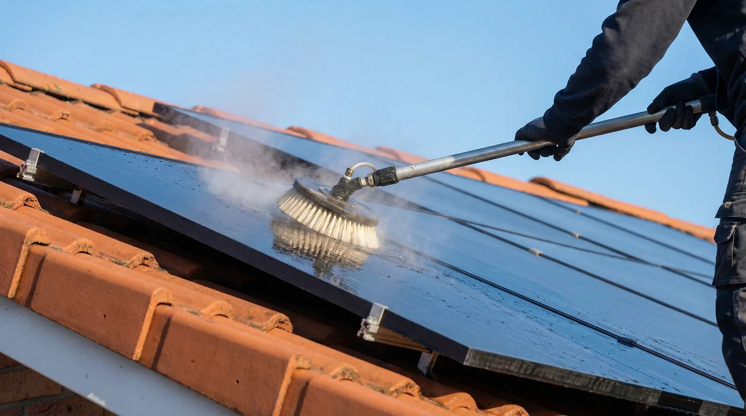 Mycie paneli fotowoltaicznych na dachu przy użyciu szczotki i strumienia wody