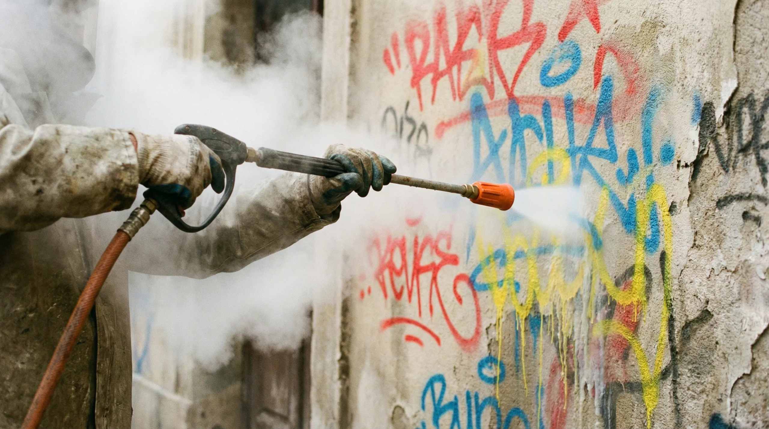 Pracownik wykonuje Usuwanie graffiti z elewacji przy użyciu myjki ciśnieniowej